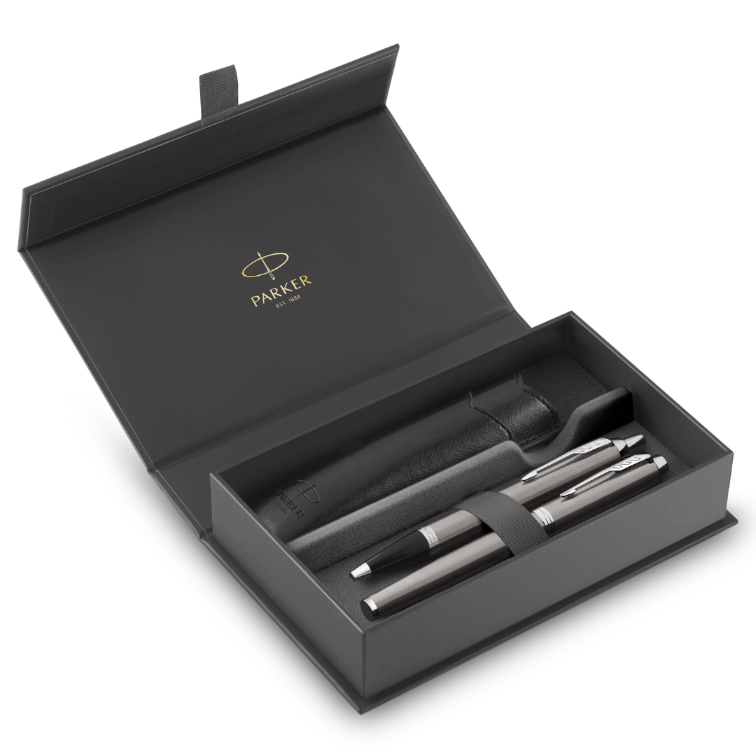 Parker Duo Set IM Stainless Steel C.T. Ballpoint and Fountain Pen M Blue ink incl. Pen pouch