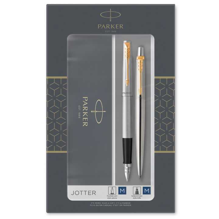 Parker Duo Set Jotter Stainless Steel G.T. Ballpoint and Fountain Pen M Blue ink