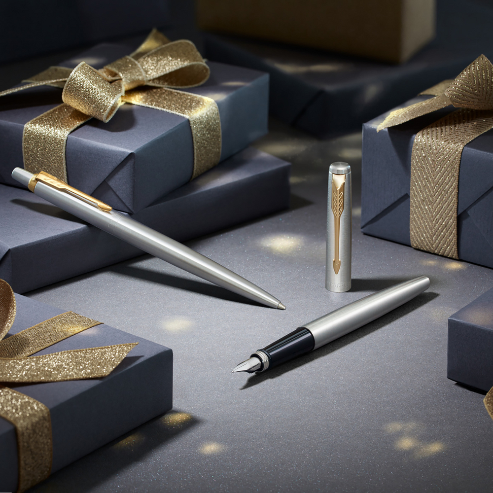 Parker Duo Set Jotter Stainless Steel G.T. Ballpoint and Fountain Pen M Blue ink