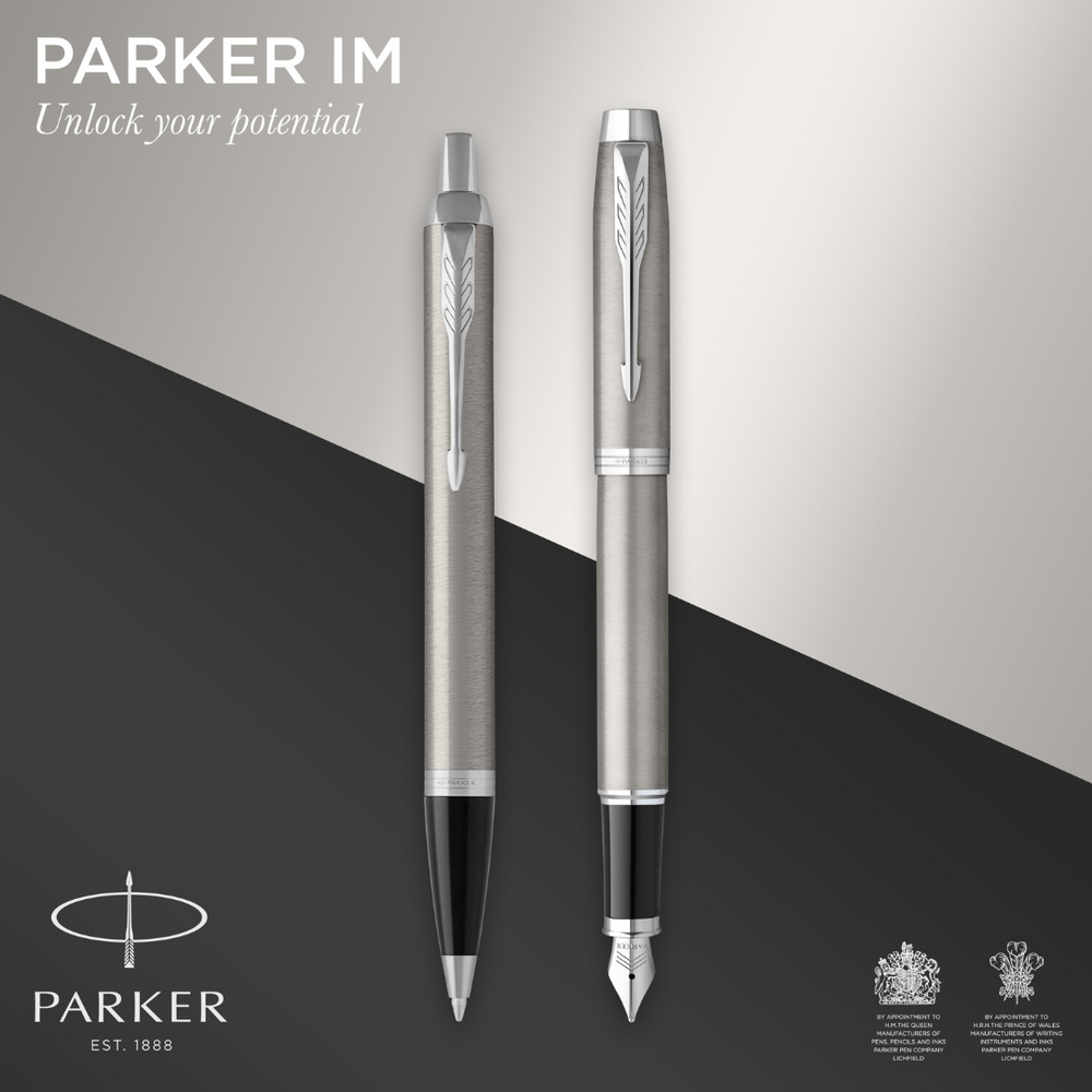 Parker Duo Set IM Stainless Steel C.T. Ballpoint and Fountain Pen M Blue ink incl. Pen pouch