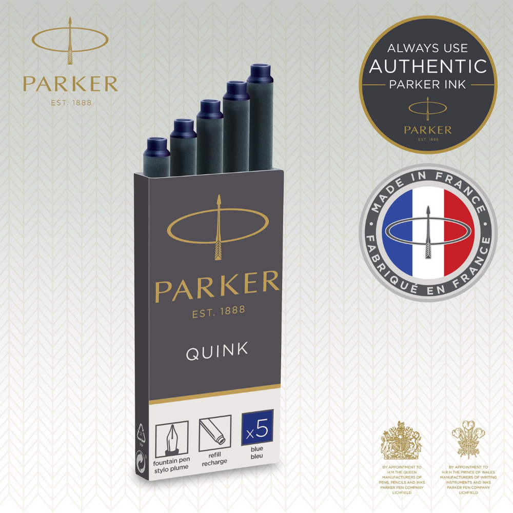Parker QUINK Fountain Pen Ink Refill Cartridges Long Blue 5-Pack